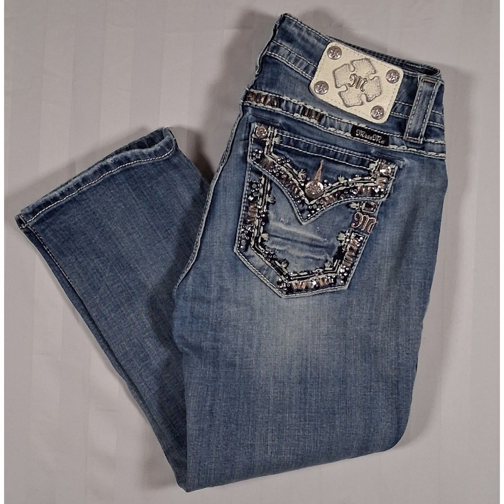 Miss Me Jeans Womens 28 Blue Capri Y2K Distressed Embellished Rhinestone Bling
